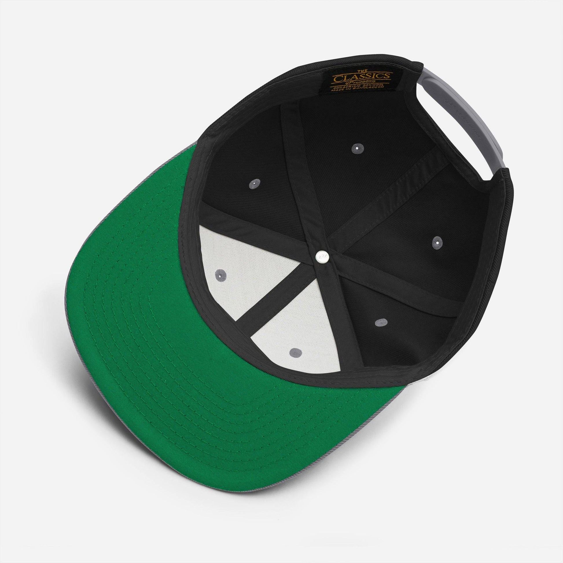 a green and black baseball cap with a white visor