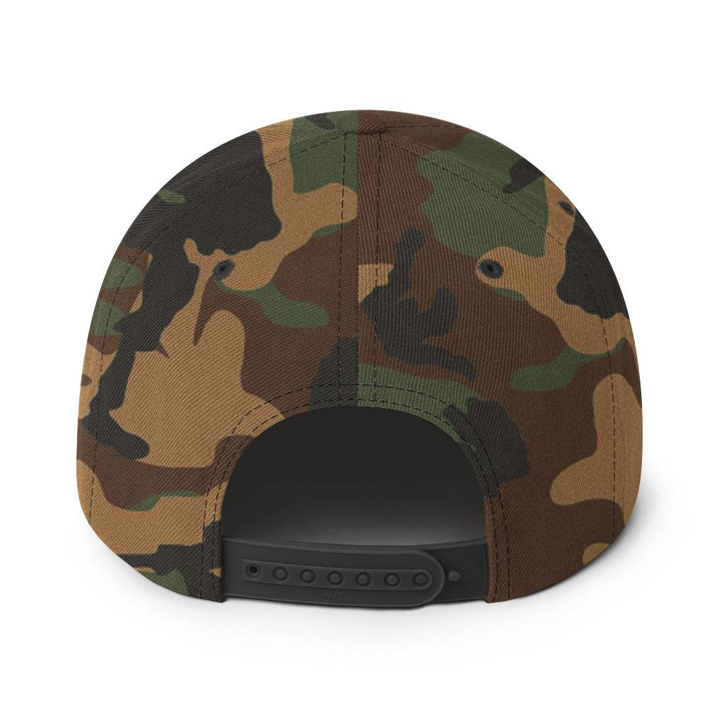 a camo hat with a black visor
