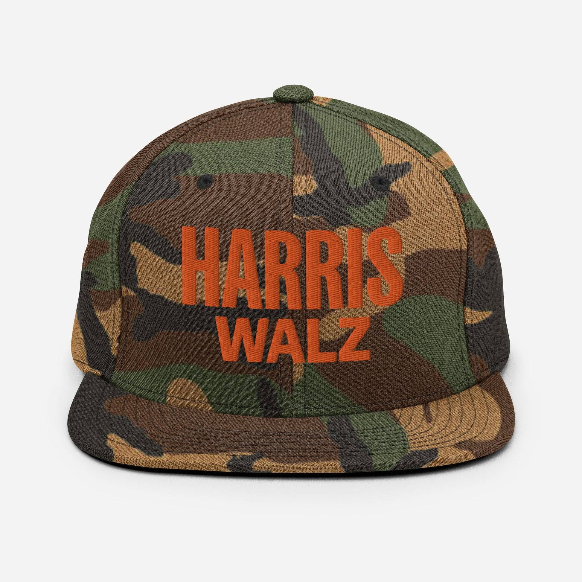 Green camo classic snapback cap with adjustable strap, Harris Walz orange embroidery