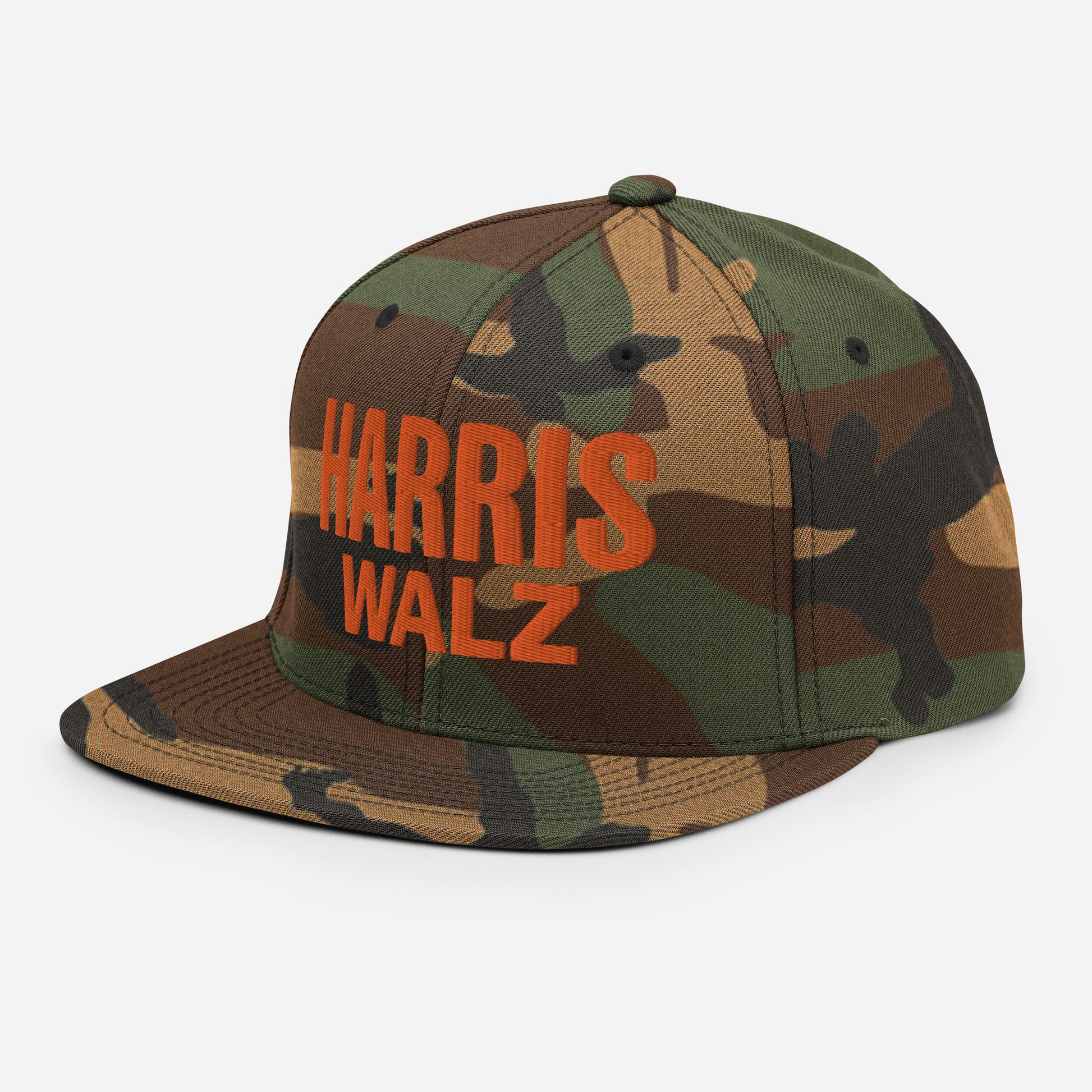 Green camo classic snapback cap with adjustable strap, Harris Walz orange embroidery