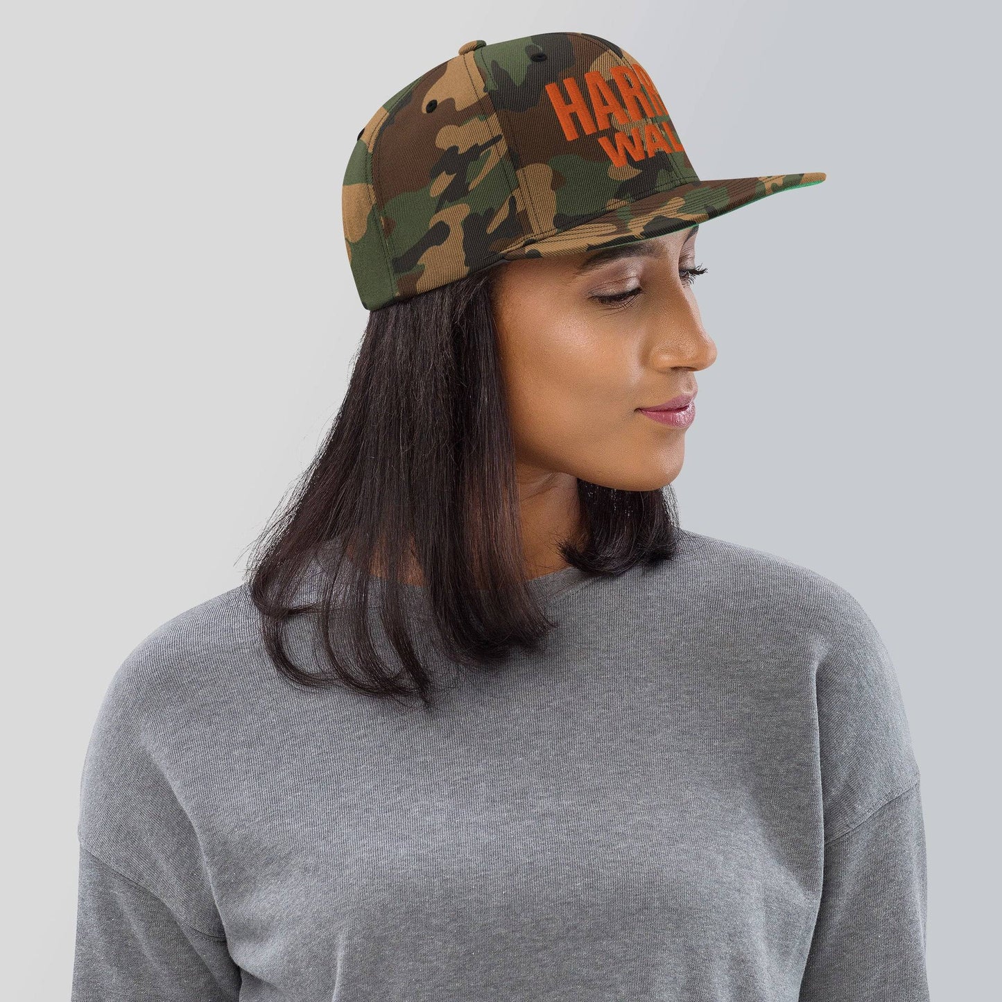 Green camo classic snapback cap, right side view, adjustable size, stylish, Harris Walz orange embroidery