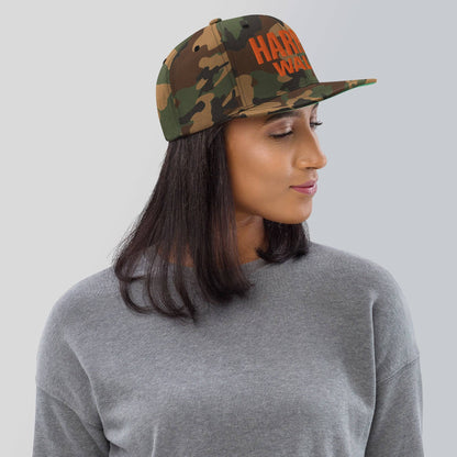 Green camo classic snapback cap, right side view, adjustable size, stylish, Harris Walz orange embroidery