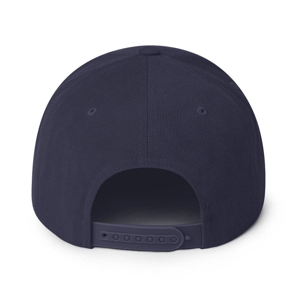 the back of a navy hat with a flat peak