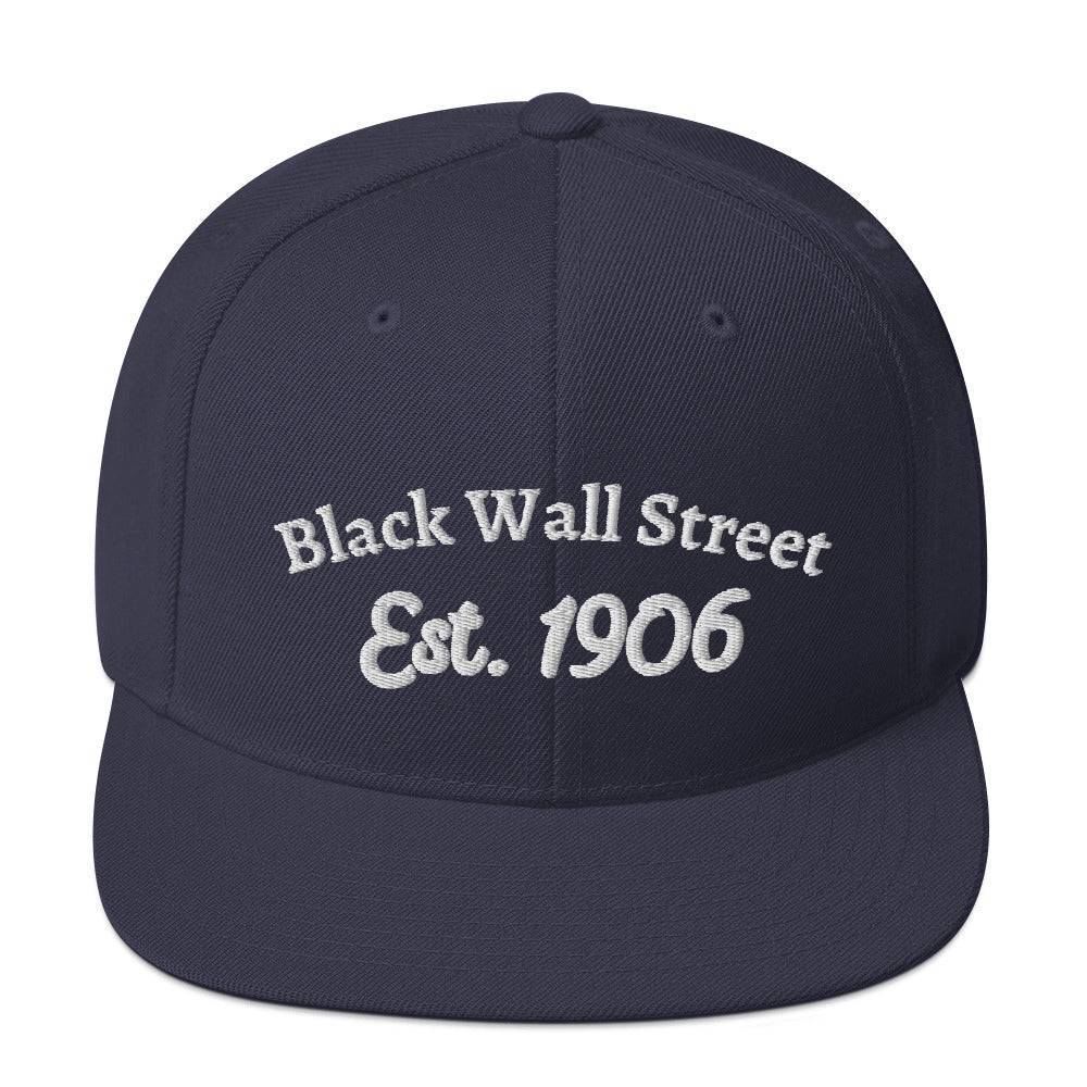 navy snapback hat with black wall street est. 1906 embroidery
