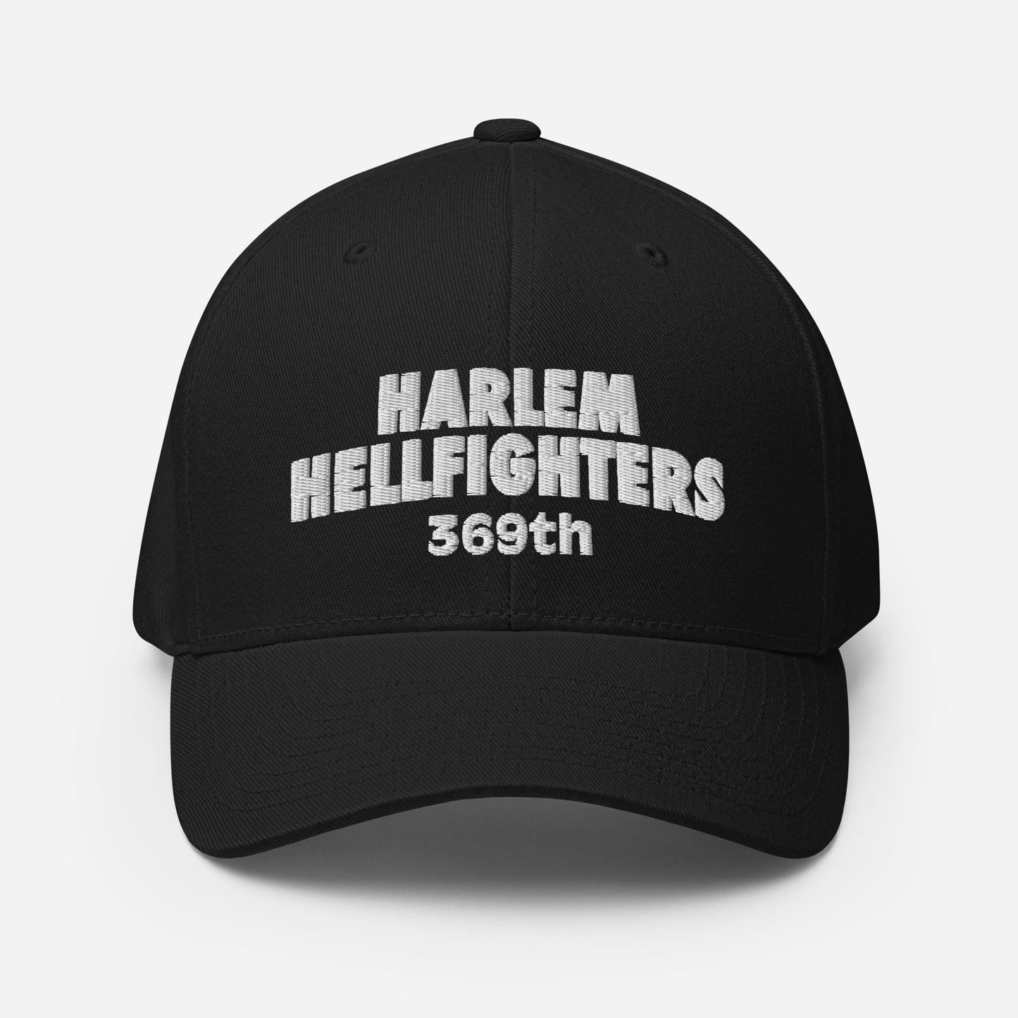 Black Harlem Hellfighters 369th Flexfit® Cap with white embroidered lettering. Classic structured fit and curved visor for everyday wear.