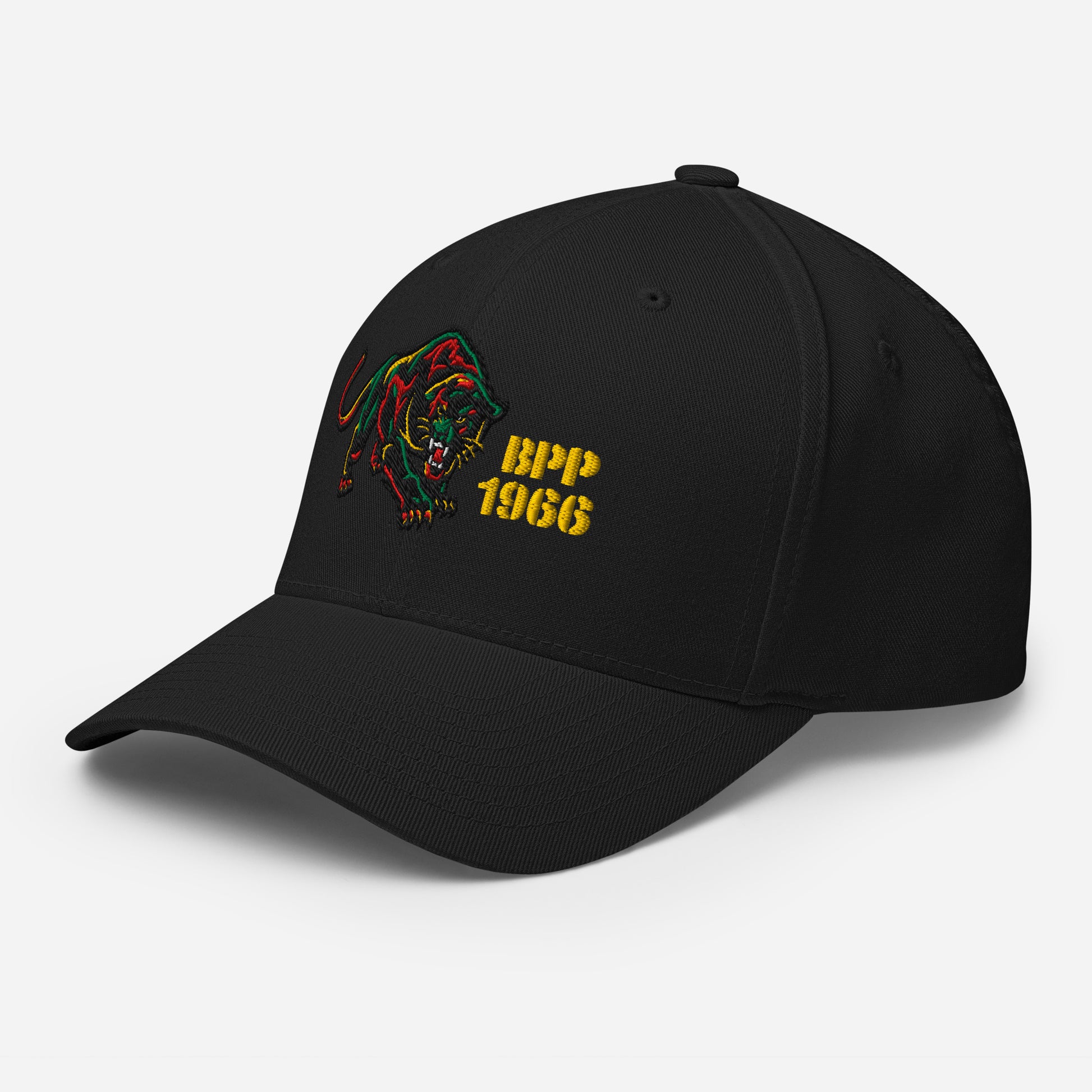 Side angle of black BPP 1966 Flexfit cap with curved visor and bold embroidered panther logo and yellow lettering.