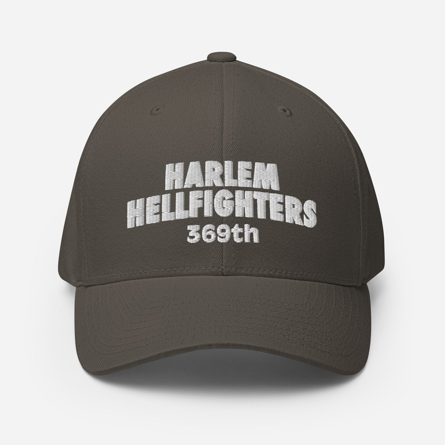 Brown Harlem Hellfighters 369th Flexfit® Cap featuring white embroidered text. Structured design with stretch fit and curved visor.
