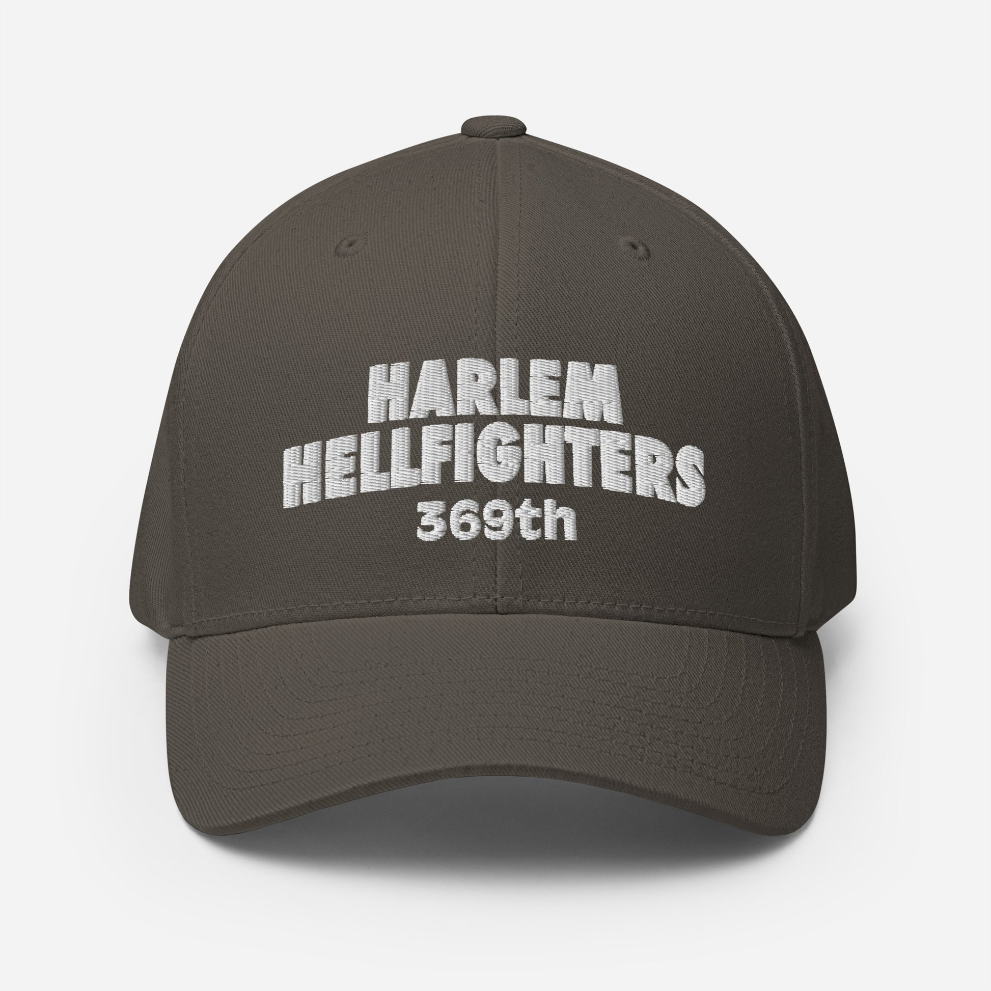 Brown Harlem Hellfighters 369th Flexfit® Cap featuring white embroidered text. Structured design with stretch fit and curved visor.