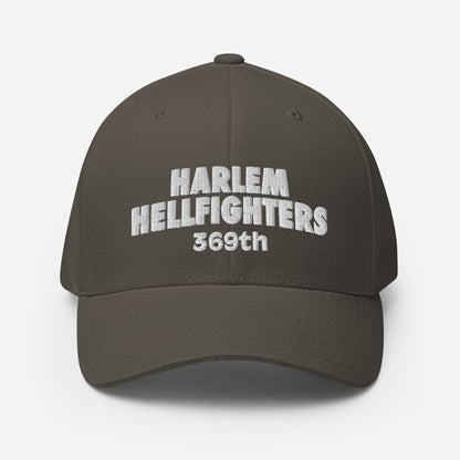 Brown Harlem Hellfighters 369th Flexfit® Cap featuring white embroidered text. Structured design with stretch fit and curved visor.