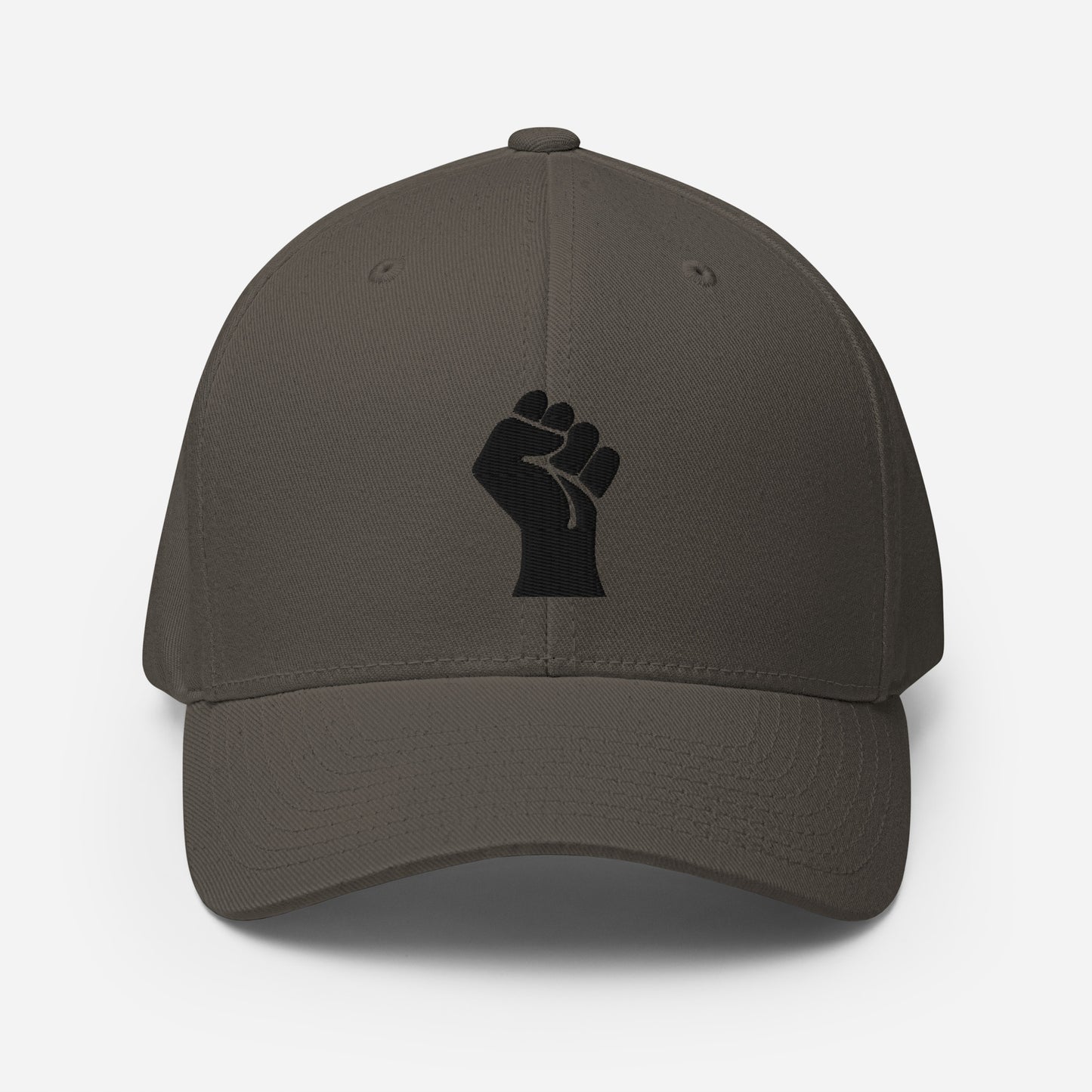 Dark gray Flexfit structured cap with black embroidered power fist, designed by TheBlackest Co. for cultural expression and sleek fit.