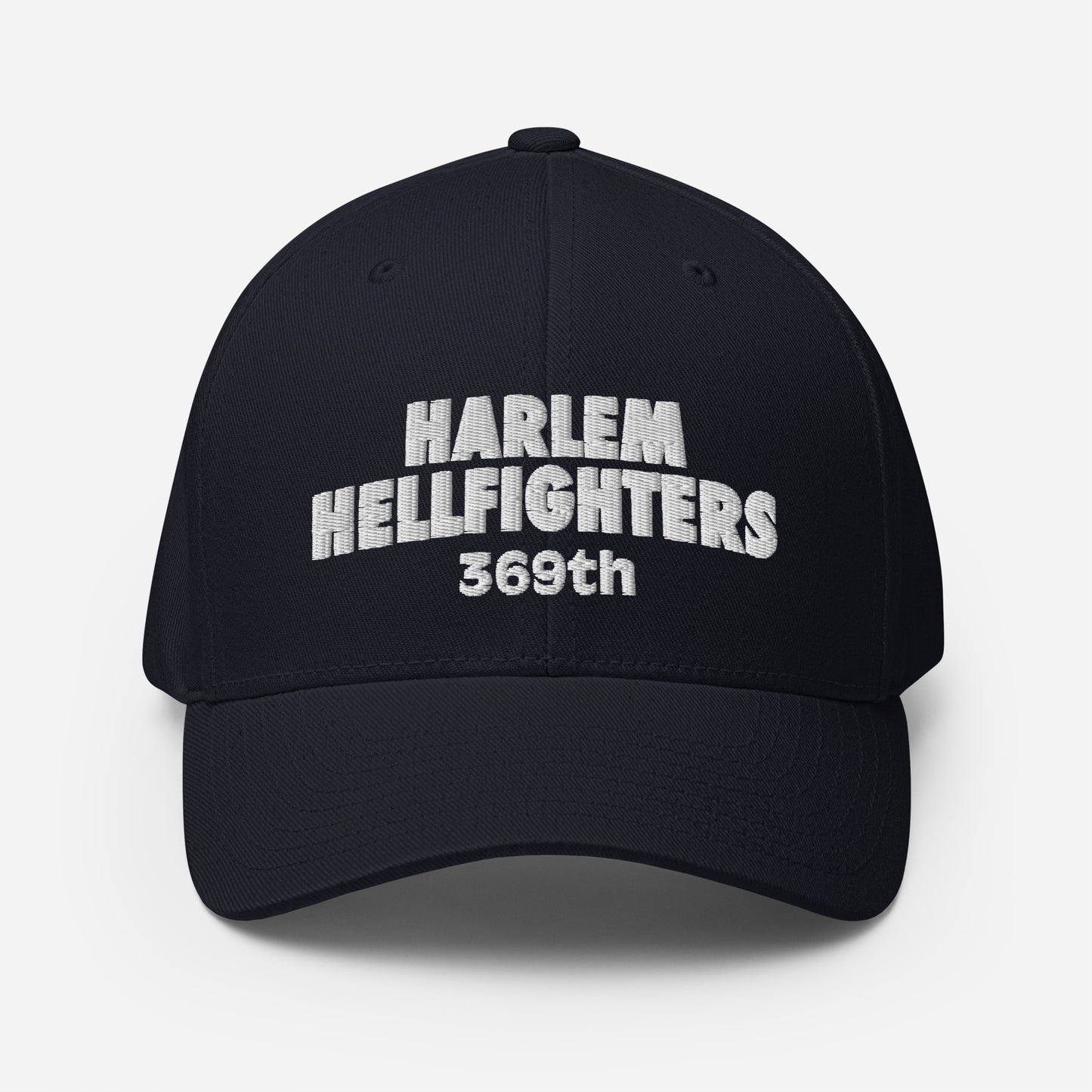 Front view of Harlem Hellfighters 369th Flexfit® Cap in navy blue. White embroidered text on structured crown with athletic curved visor.