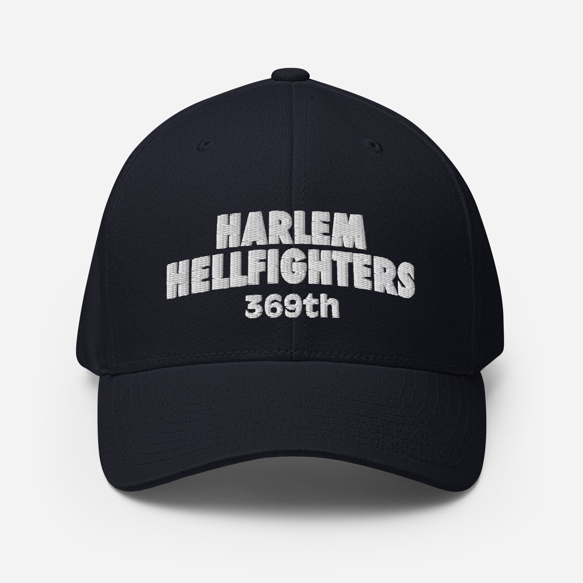 Front view of Harlem Hellfighters 369th Flexfit® Cap in navy blue. White embroidered text on structured crown with athletic curved visor.