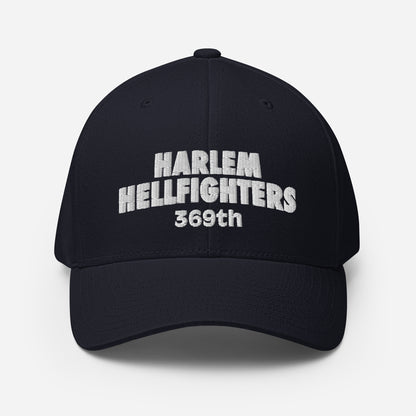 Front view of Harlem Hellfighters 369th Flexfit® Cap in navy blue. White embroidered text on structured crown with athletic curved visor.