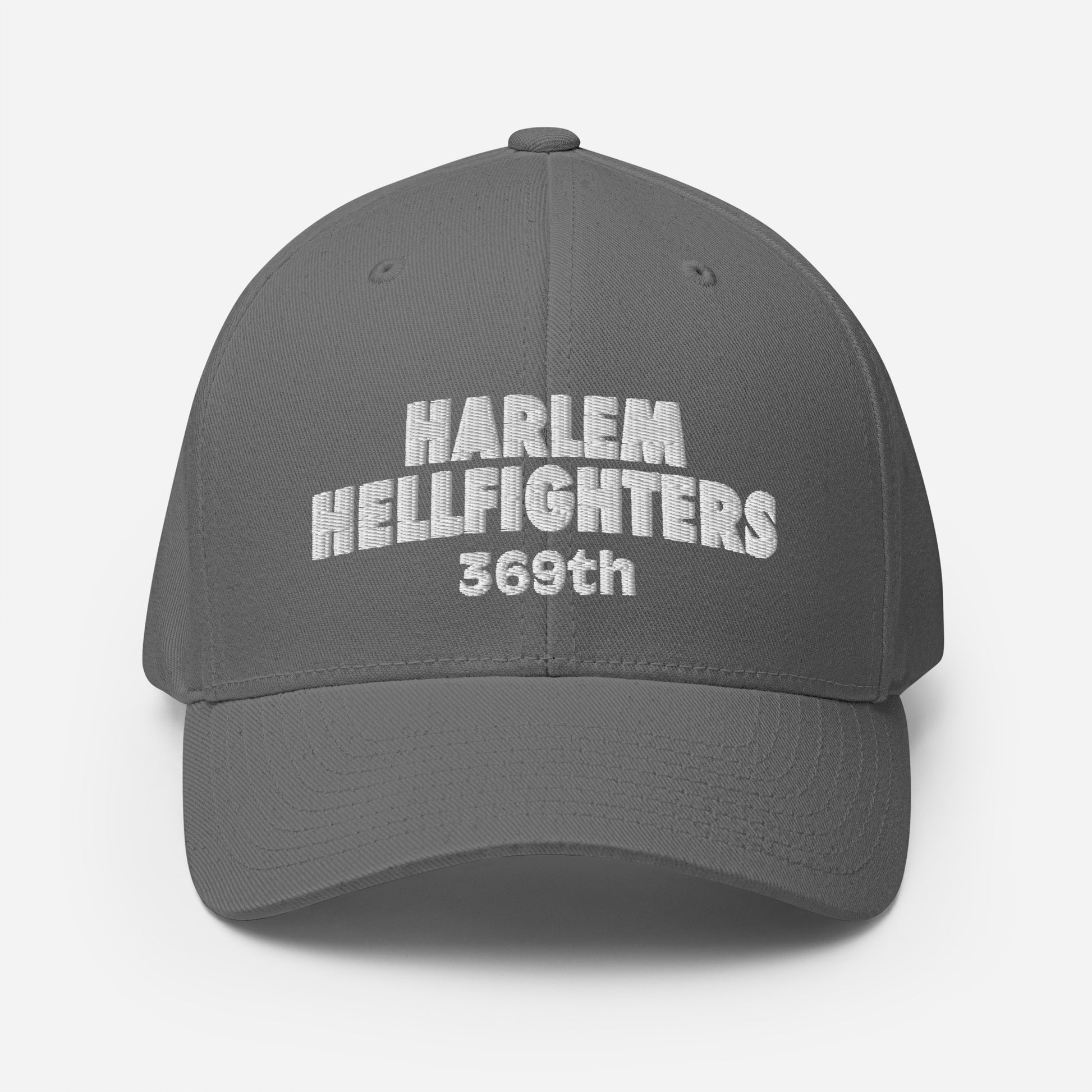 Gray Harlem Hellfighters 369th Flexfit® Cap with white embroidery. Unisex fitted cap with curved visor and breathable design.