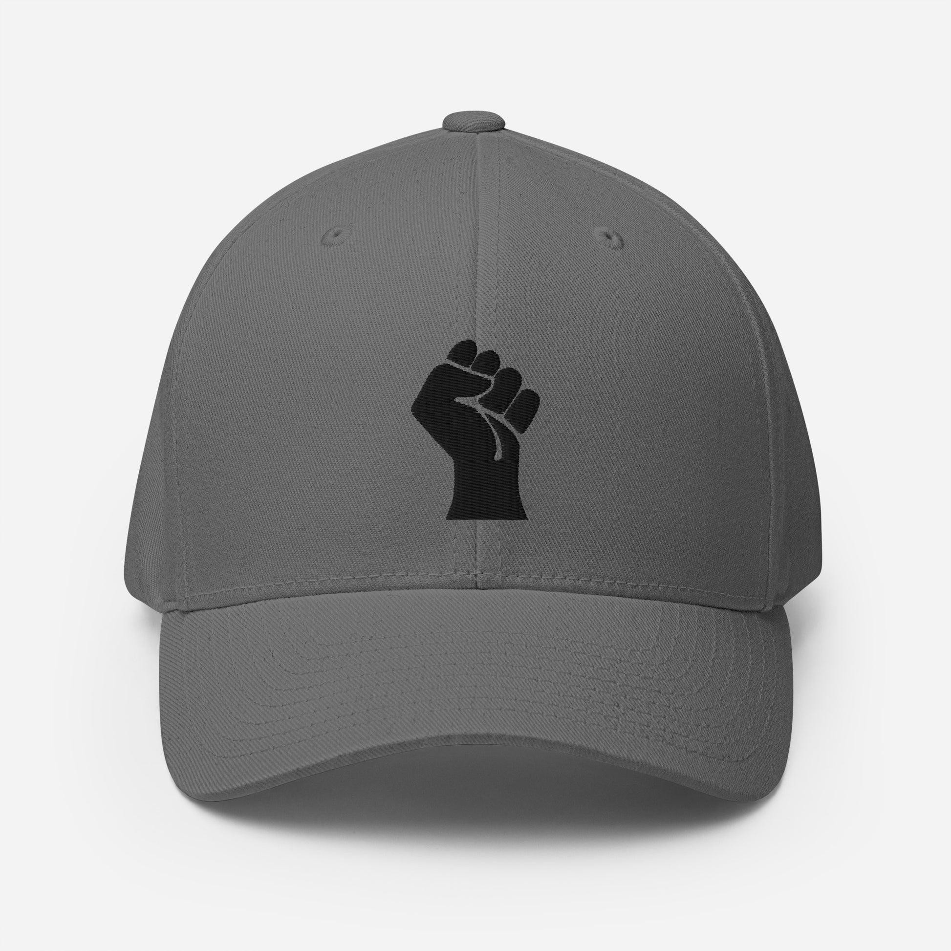 Light gray Flexfit structured cap with black power fist embroidery, combining minimalist style and cultural pride by TheBlackest Co.
