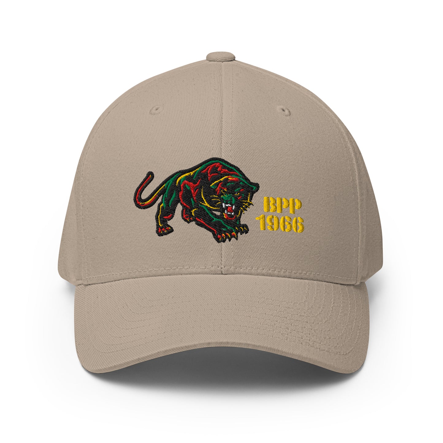 Khaki BPP 1966 Flexfit cap with embroidered panther and yellow text, blending heritage and modern streetwear.