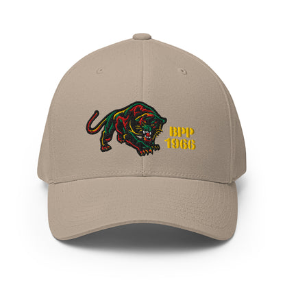 Khaki BPP 1966 Flexfit cap with embroidered panther and yellow text, blending heritage and modern streetwear.