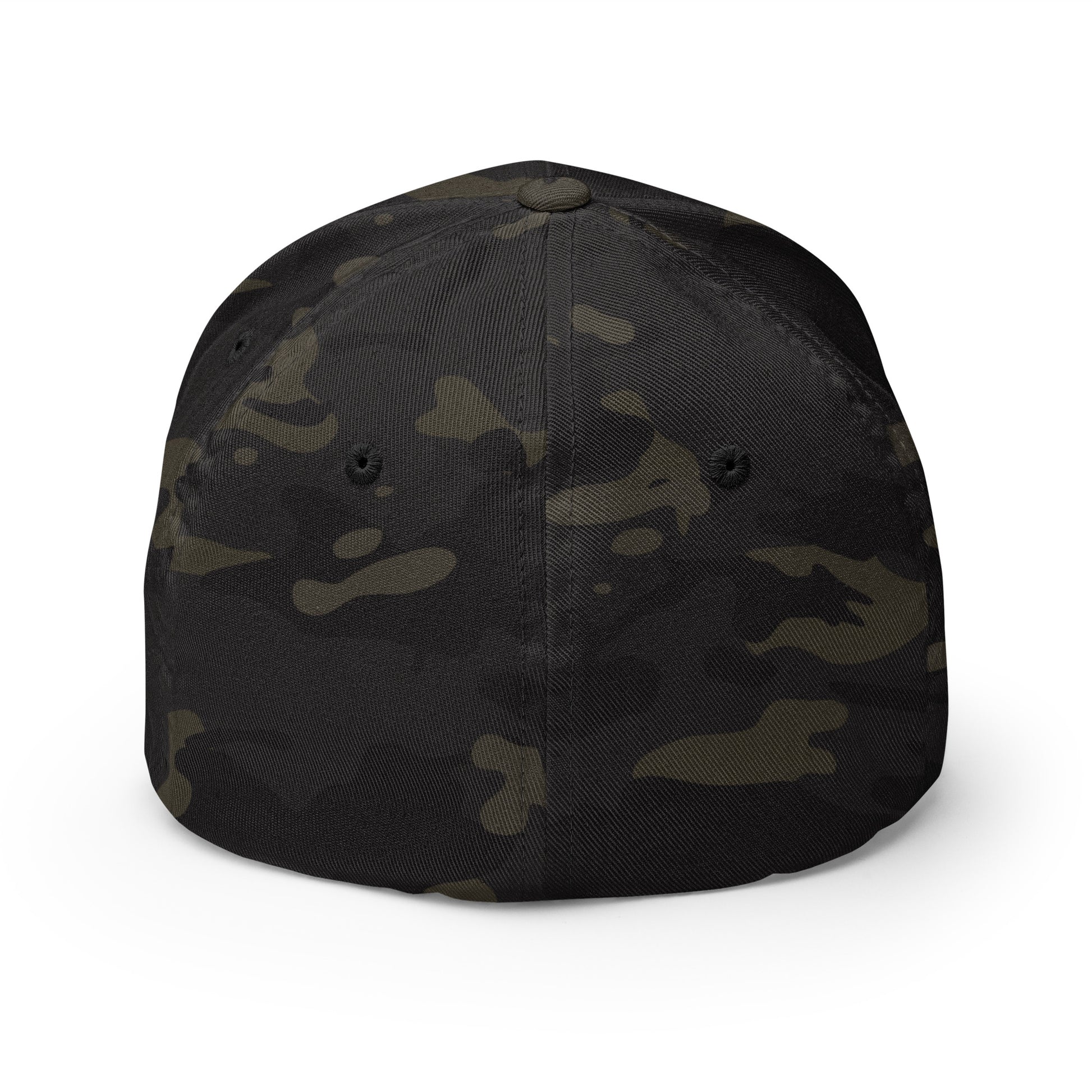 Rear view of 369th Harlem Hellfighters Flexfit® Cap in black camo. Closed back design with seamless fit and subtle camo pattern.