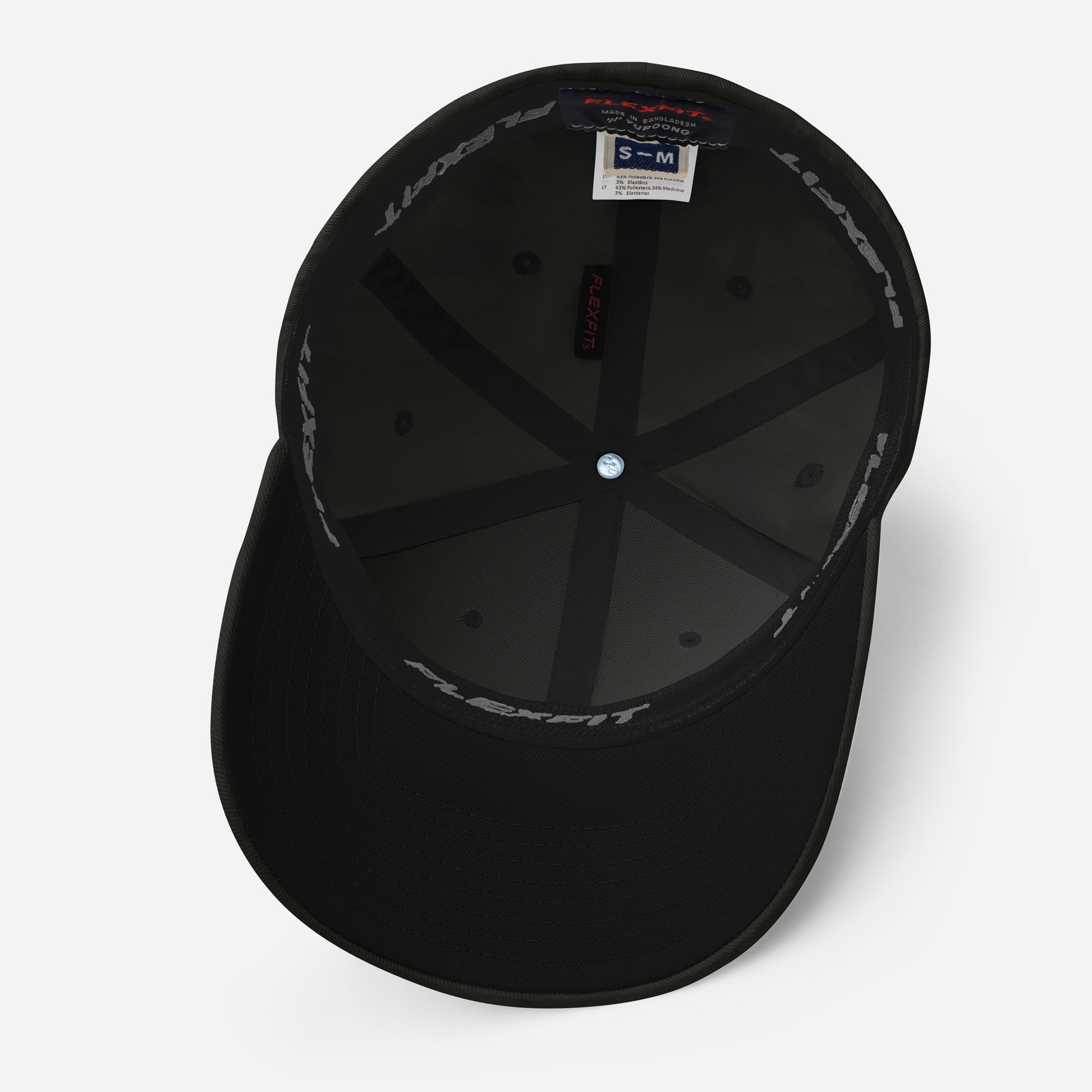 Interior view of Harlem Hellfighters 369th Flexfit® Cap showing black sweatband, Flexfit® branding, and size label for S/M fit.