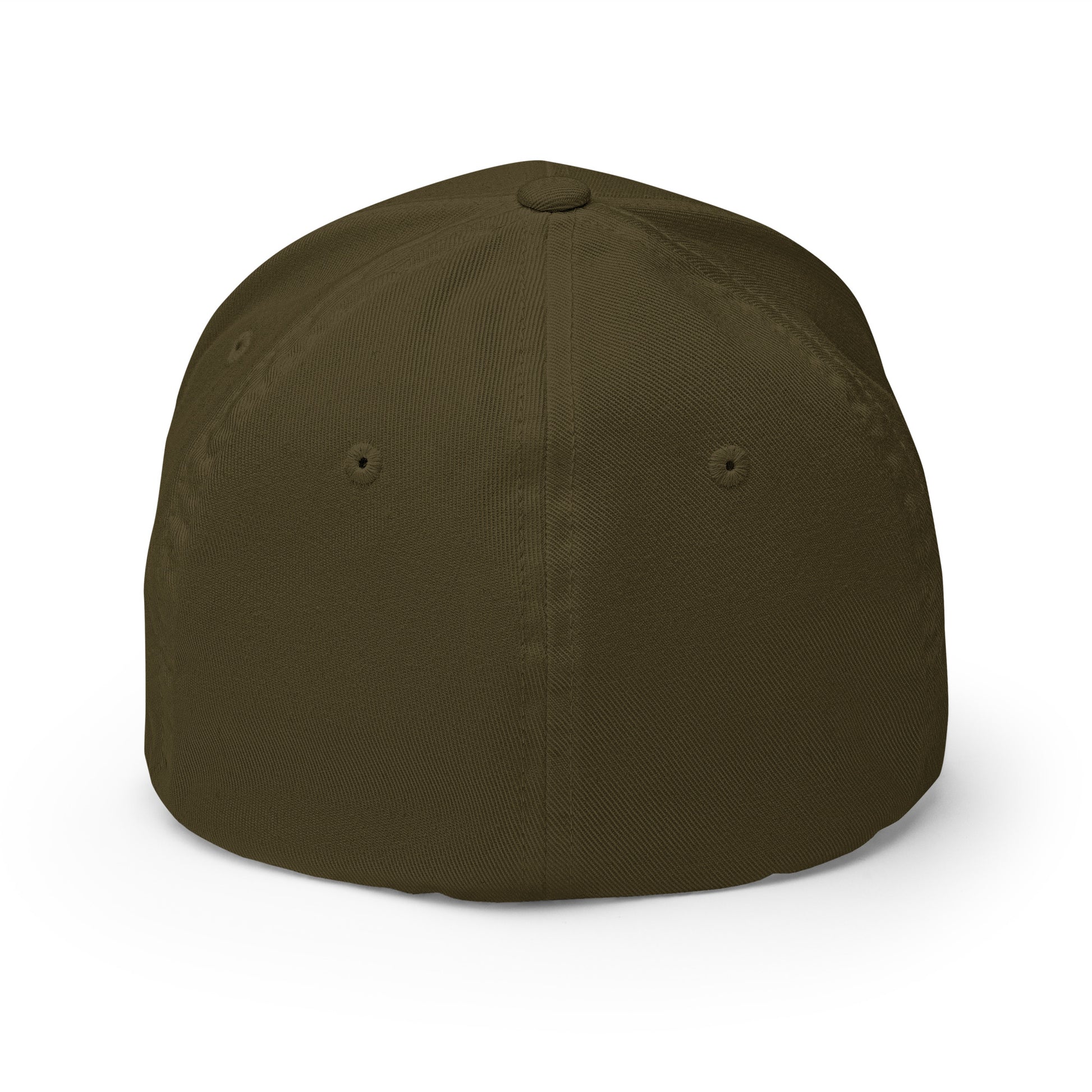 Back view of olive green Flexfit structured cap by TheBlackest Co., featuring seamless fitted closure and moisture-wicking fabric.