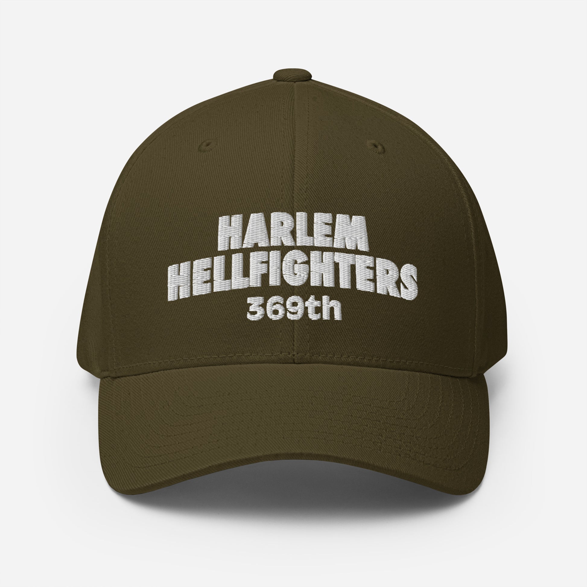Olive green Harlem Hellfighters 369th Flexfit® Cap with white embroidery. Military-inspired color with athletic fit and curved brim.