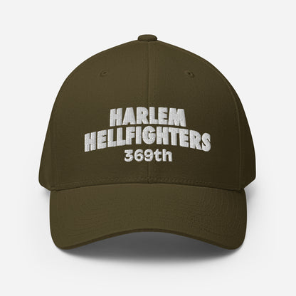 Olive green Harlem Hellfighters 369th Flexfit® Cap with white embroidery. Military-inspired color with athletic fit and curved brim.