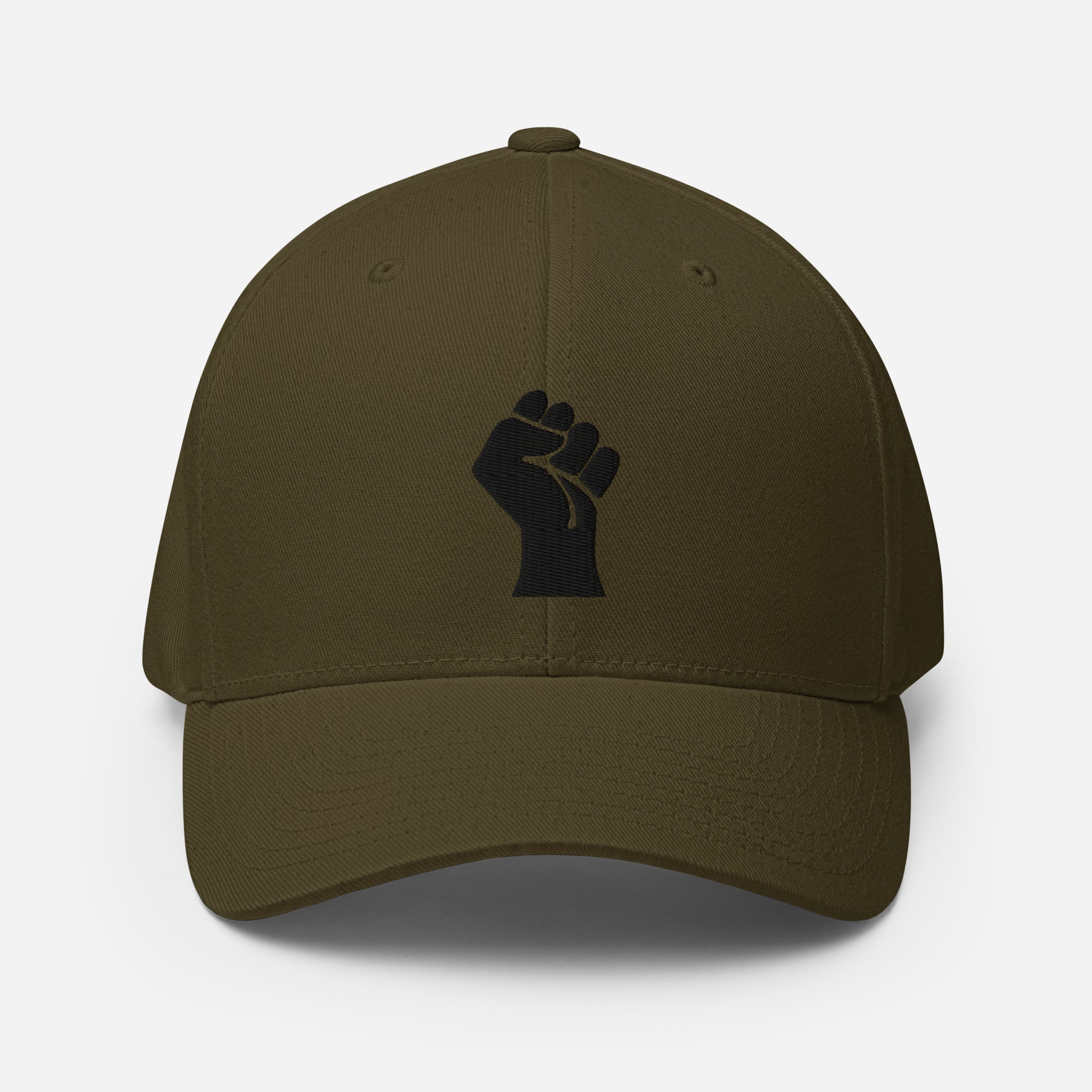 Front view of olive green Black On Black Power Fist Flexfit cap featuring bold black embroidered fist symbol, structured for a sleek fit.