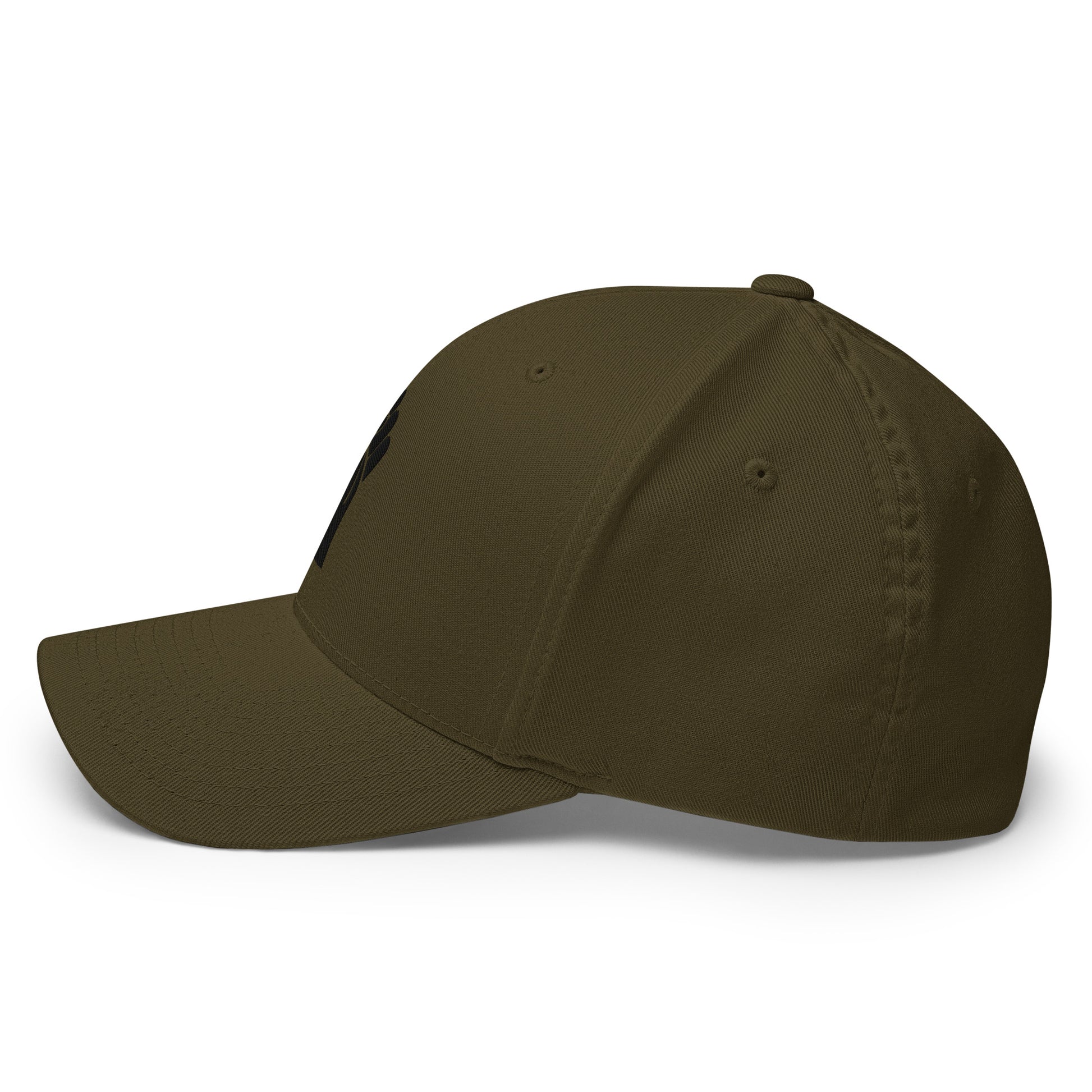 Left profile of olive green Black On Black Power Fist Flexfit cap, highlighting breathable eyelets and stretch-fit structure.