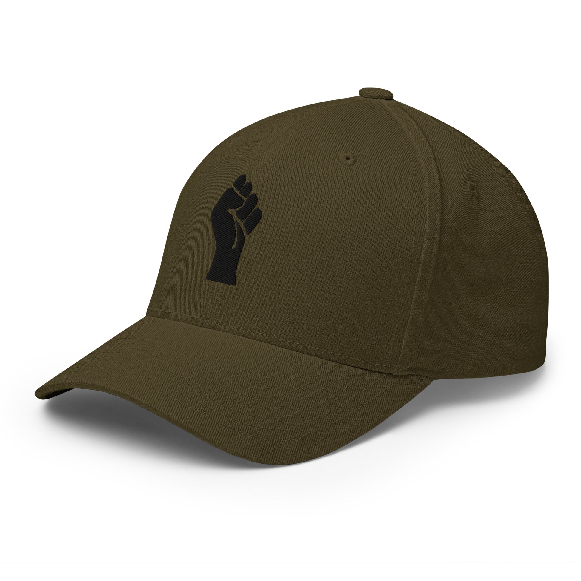 Side angle of olive green Flexfit structured cap with black power fist embroidery, showcasing curved visor and fitted design.