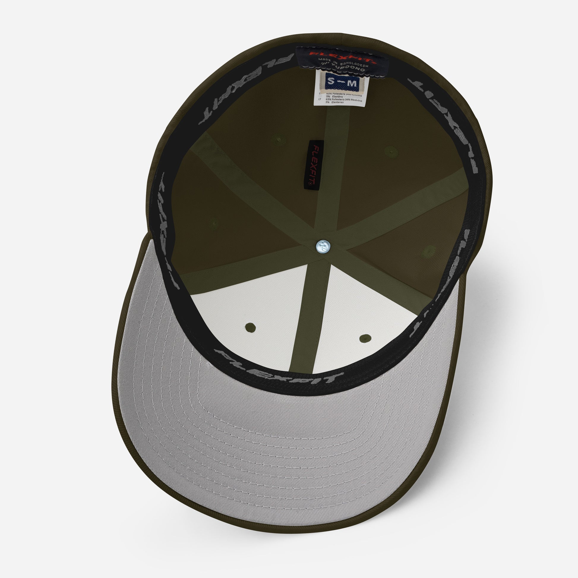 Interior view of olive green Flexfit cap showing branded sweatband, structured panels, and size label for stretch-fit comfort.