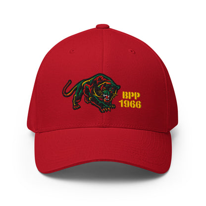 Red BPP 1966 Flexfit structured cap featuring bold embroidered panther and yellow text, honoring Black history.
