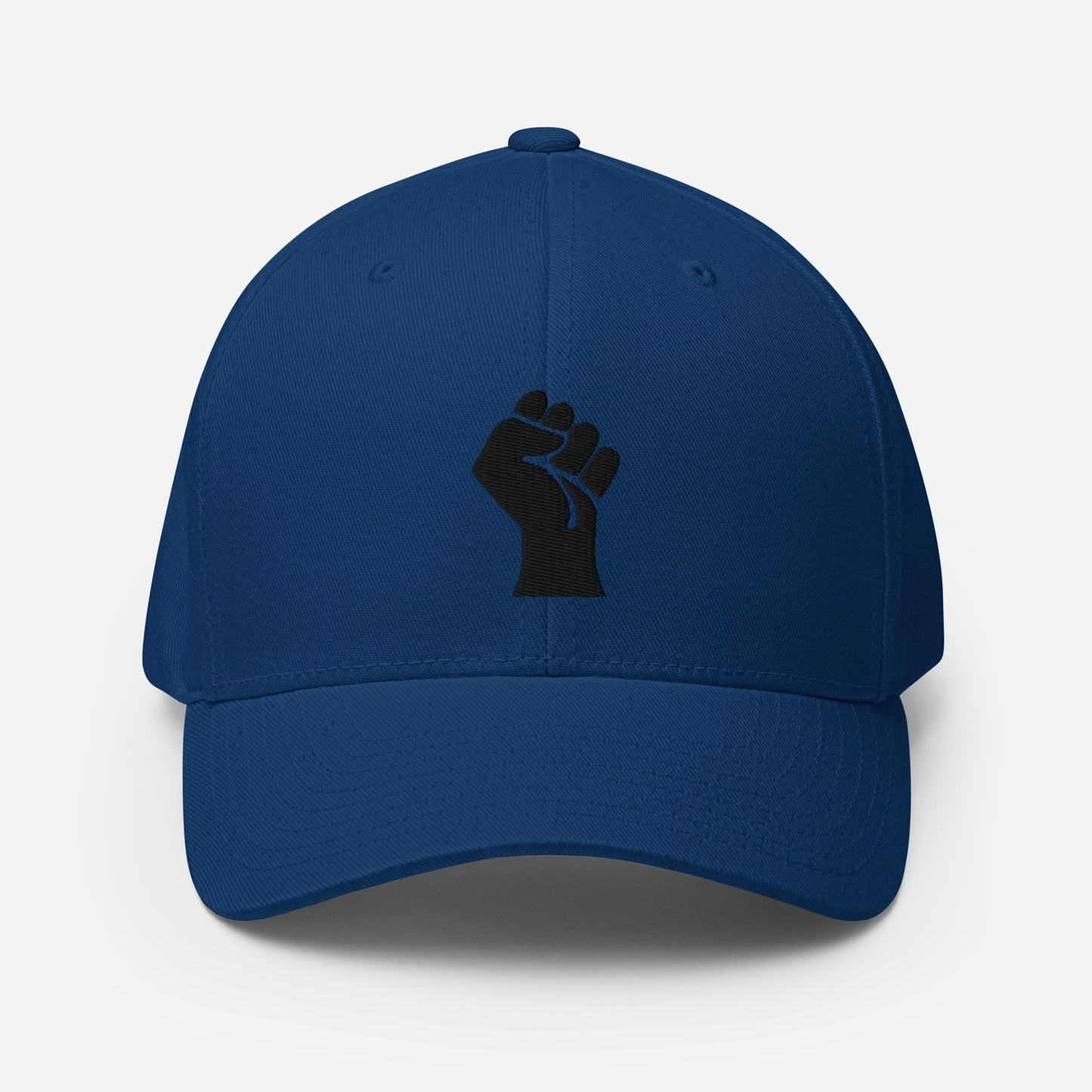 Royal blue Flexfit structured cap with black embroidered power fist, combining athletic style and cultural identity by TheBlackest Co.