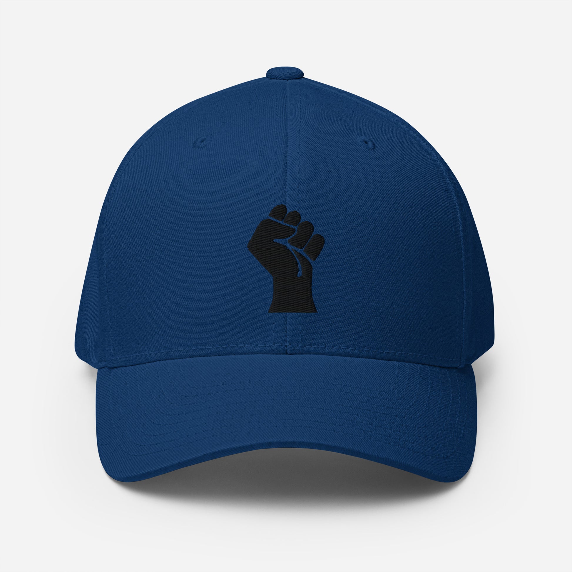 Royal blue Flexfit structured cap with black embroidered power fist, combining athletic style and cultural identity by TheBlackest Co.