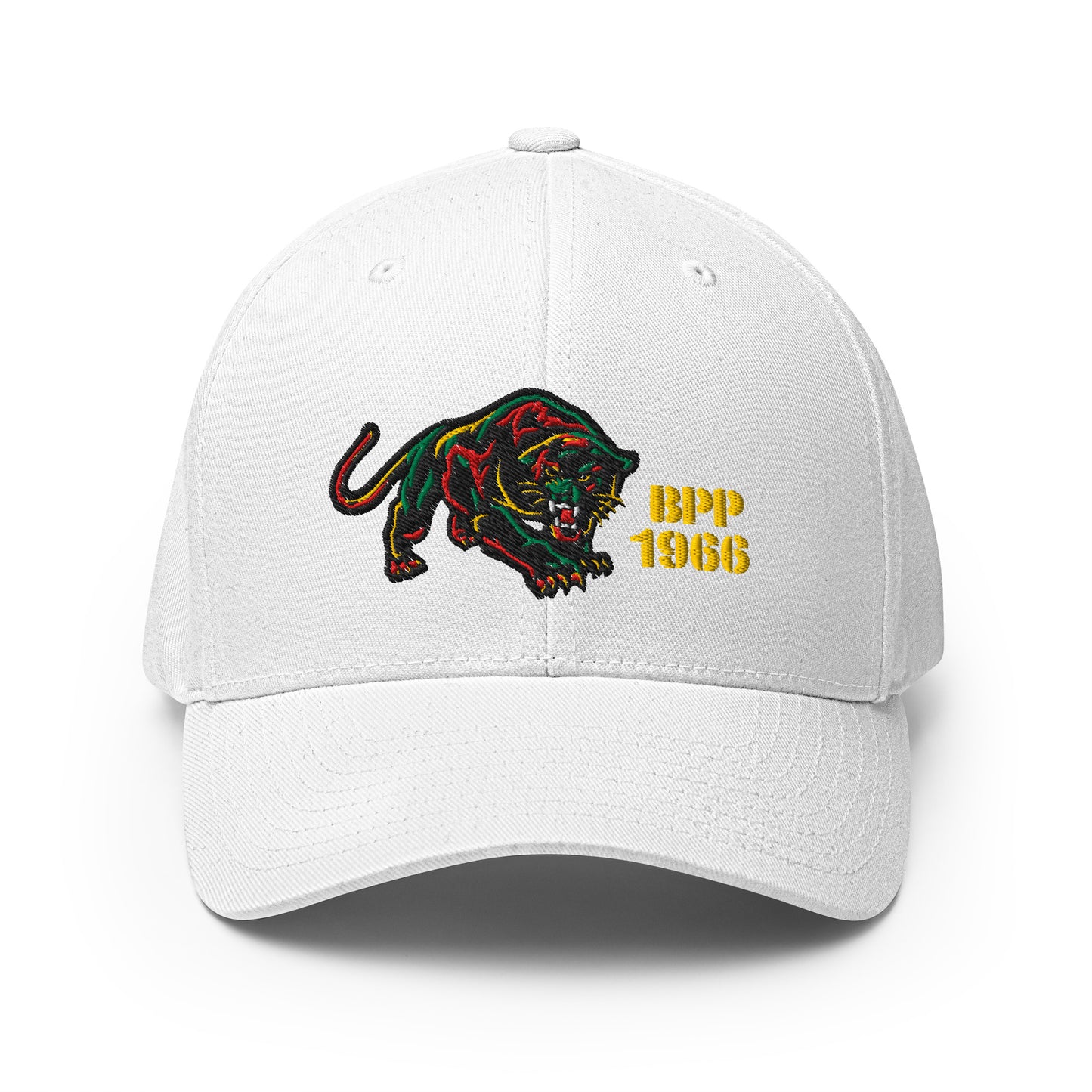 White BPP 1966 Flexfit cap with vibrant embroidered panther and yellow text, honoring Black Panther Party history.