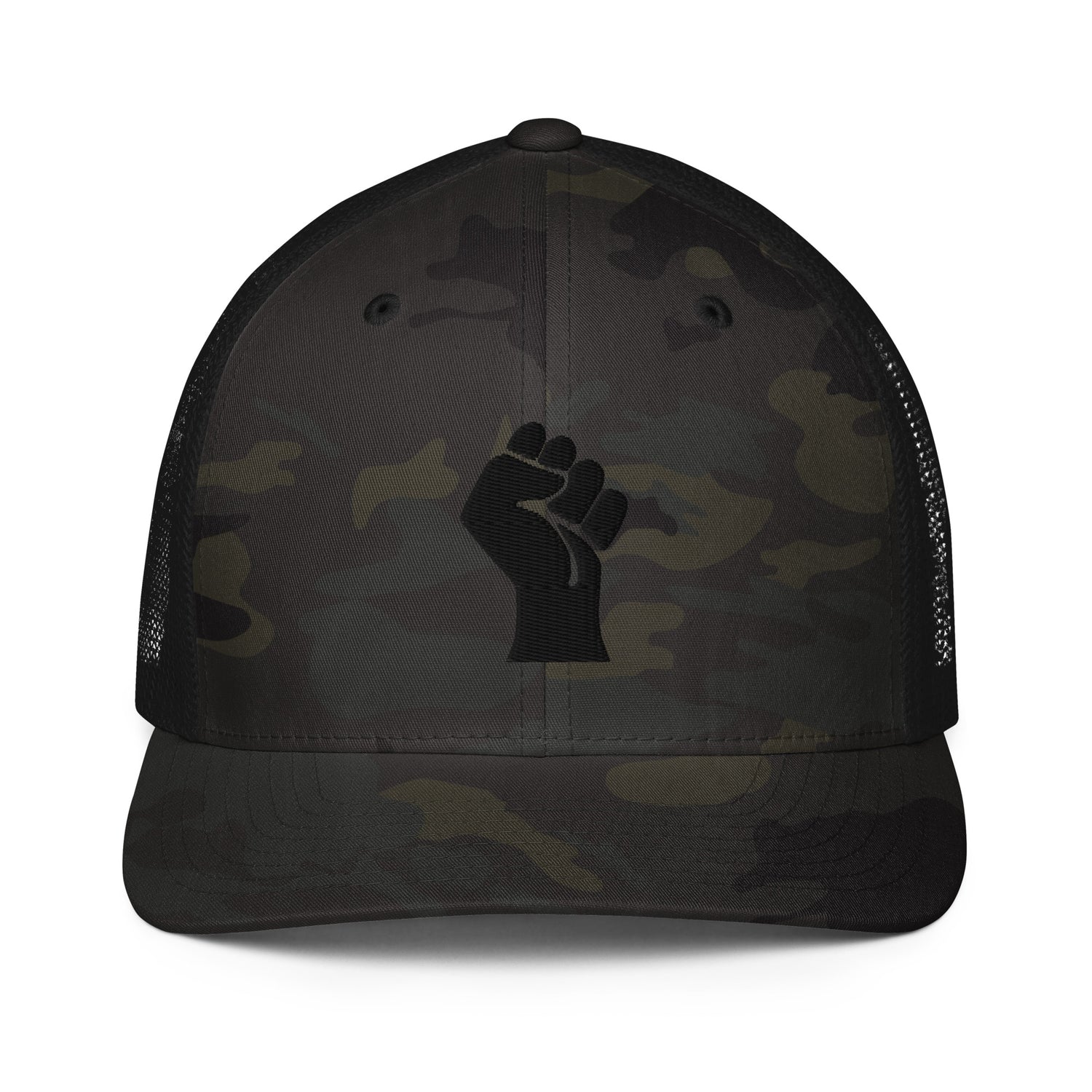 Black Power Fist embroidered camo trucker cap with a closed-back design, featuring a bold black fist symbol on a black and green camouflage pattern.