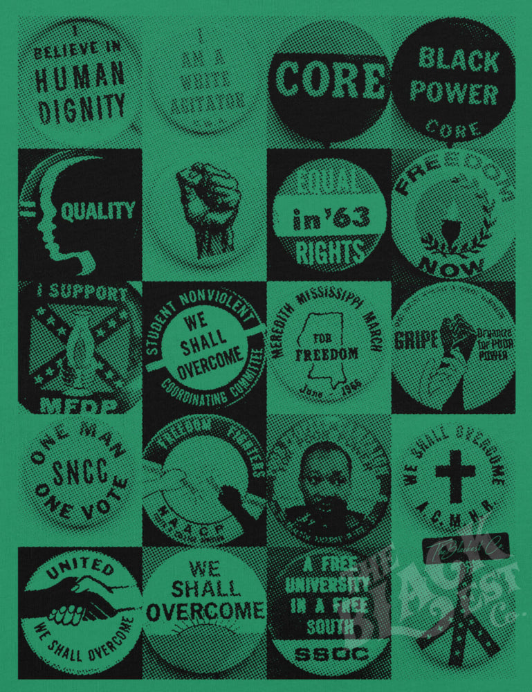 Close-up of Civil Rights Button T-Shirt design. Includes vintage civil rights slogans and button art in black on green fabric.