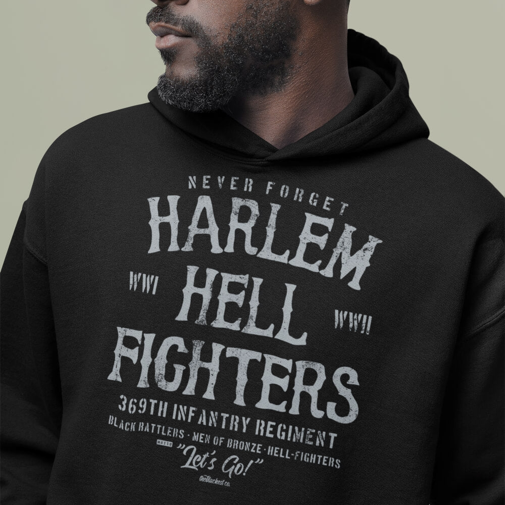 Close-up of Harlem Hellfighter Black Soldiers Hoodie worn by a man, showcasing detailed vintage-style military tribute print.