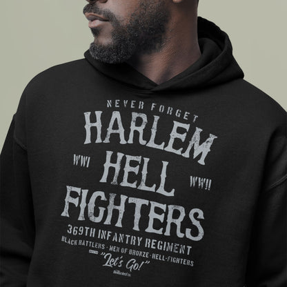 Close-up of Harlem Hellfighter Black Soldiers Hoodie worn by a man, showcasing detailed vintage-style military tribute print.