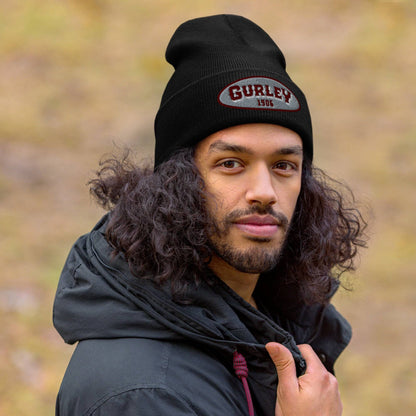 Model wearing Gurley 1906 beanie in black