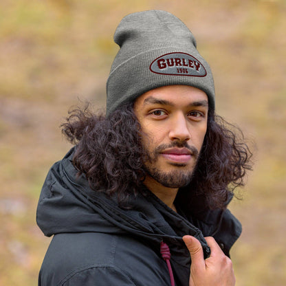 Model wearing Gurley 1906 beanie in gray