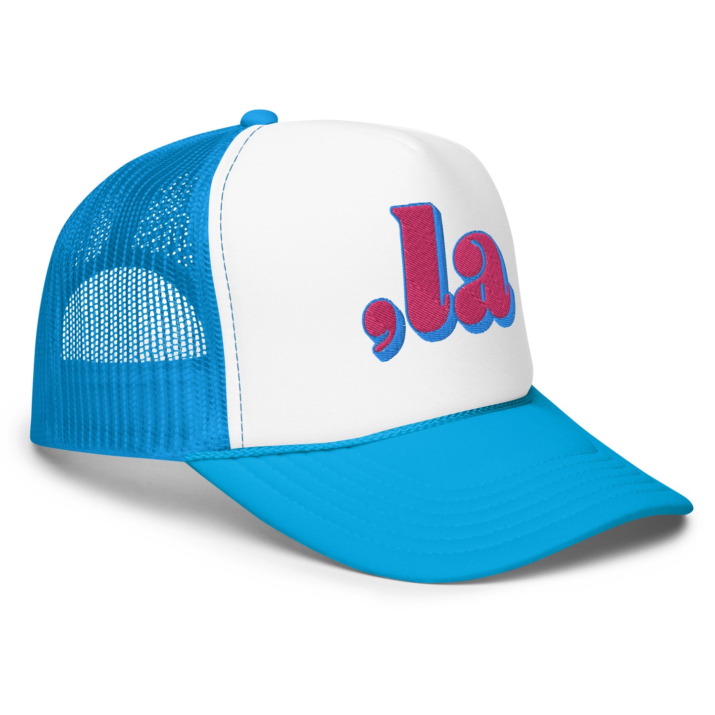 Side view of blue Retro Kamala embroidered trucker hat