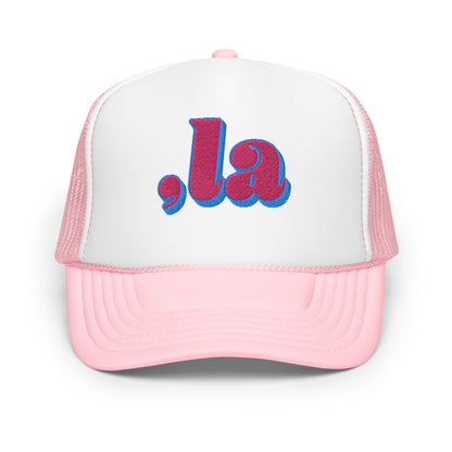 Pink Retro Kamala embroidered foam trucker hat front view