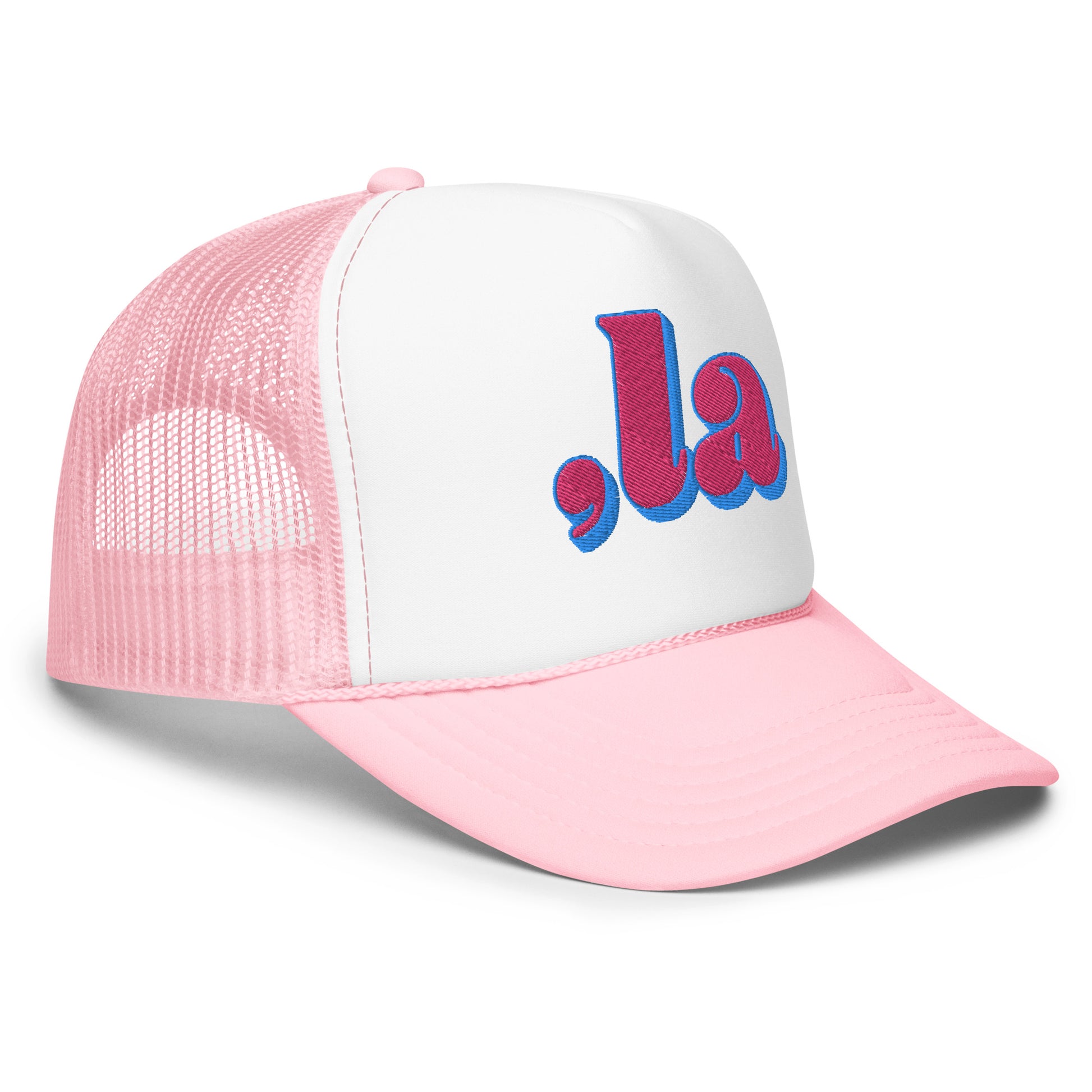 Side view of pink Retro Kamala embroidered trucker hat