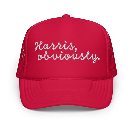 Red foam trucker hat with Harris obviously embroidery, one size, featuring a mesh back for breathability.