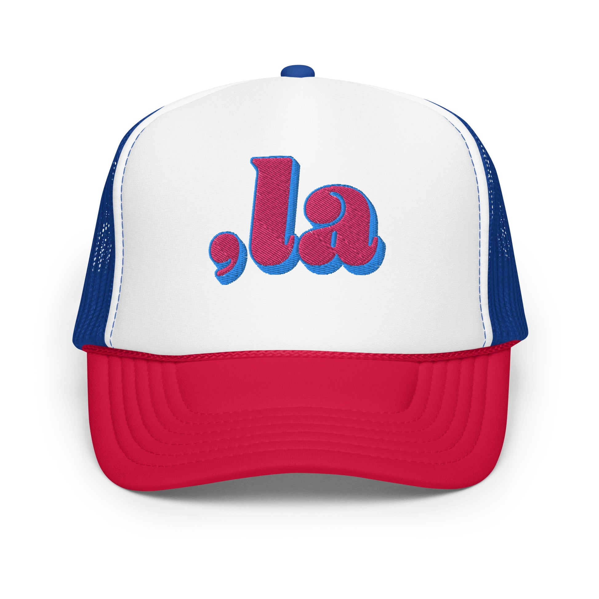 Red and blue Retro Kamala embroidered foam trucker hat front view