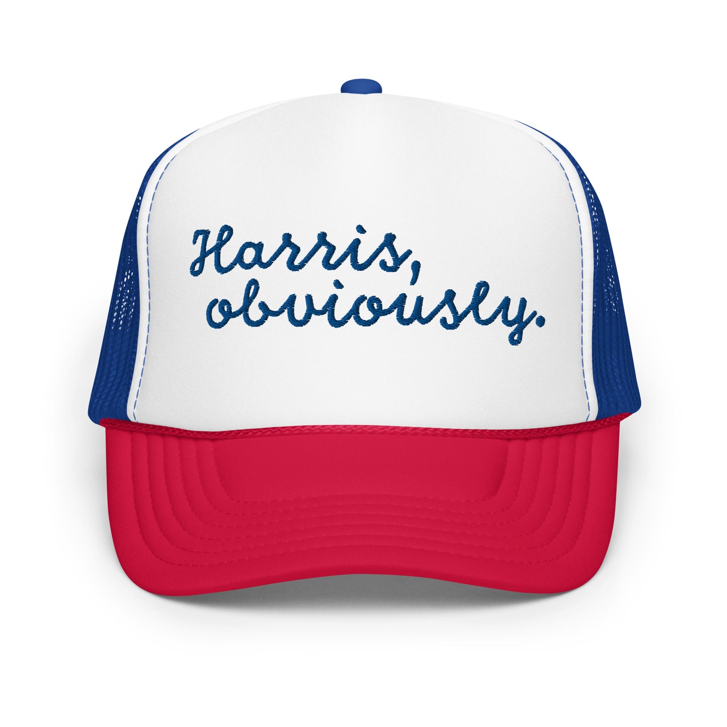 Red and blue Harris Obviously retro trucker hat front view