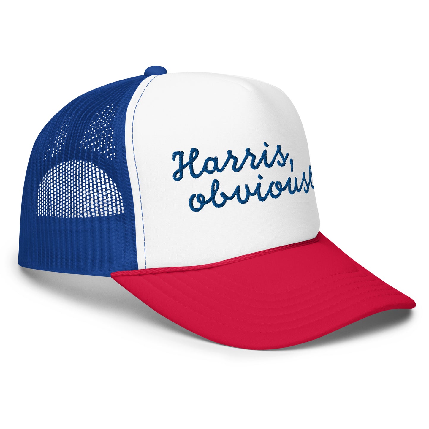 Red and blue Harris Obviously retro trucker hat side view