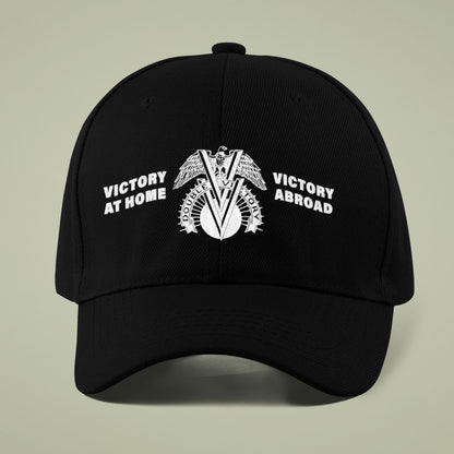 Double V Campaign Victory Home Abroad Baseball Cap in black with white embroidered WWII-era design and bold text honoring Black veterans.