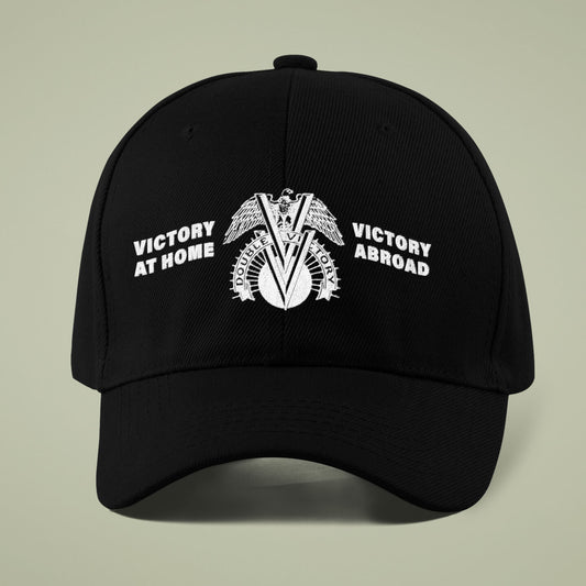 Double V Campaign Victory Home Abroad Baseball Cap in black with white embroidered WWII-era design and bold text honoring Black veterans.