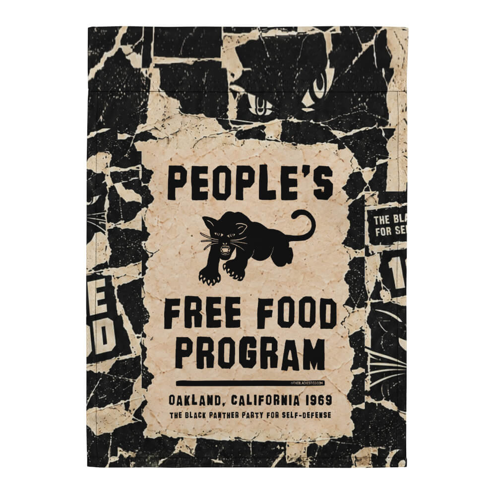 Flat view of the BPP People's Free Food Program garden flag, black and cream torn poster design, Oakland, California 1969